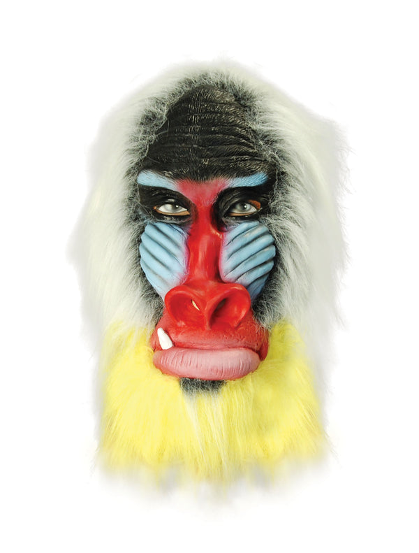 Baboon overhead mask with face painted with black, pale blue and red. surrounded by silver and yellow faux fur.