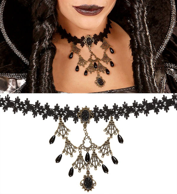 Black Gothic Choker Pendant with Teardrop Gems