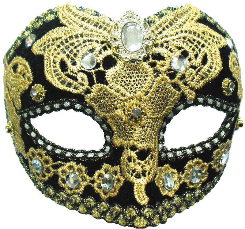 Black & Gold Lace Eyemask with Jewel Masquerade Mask