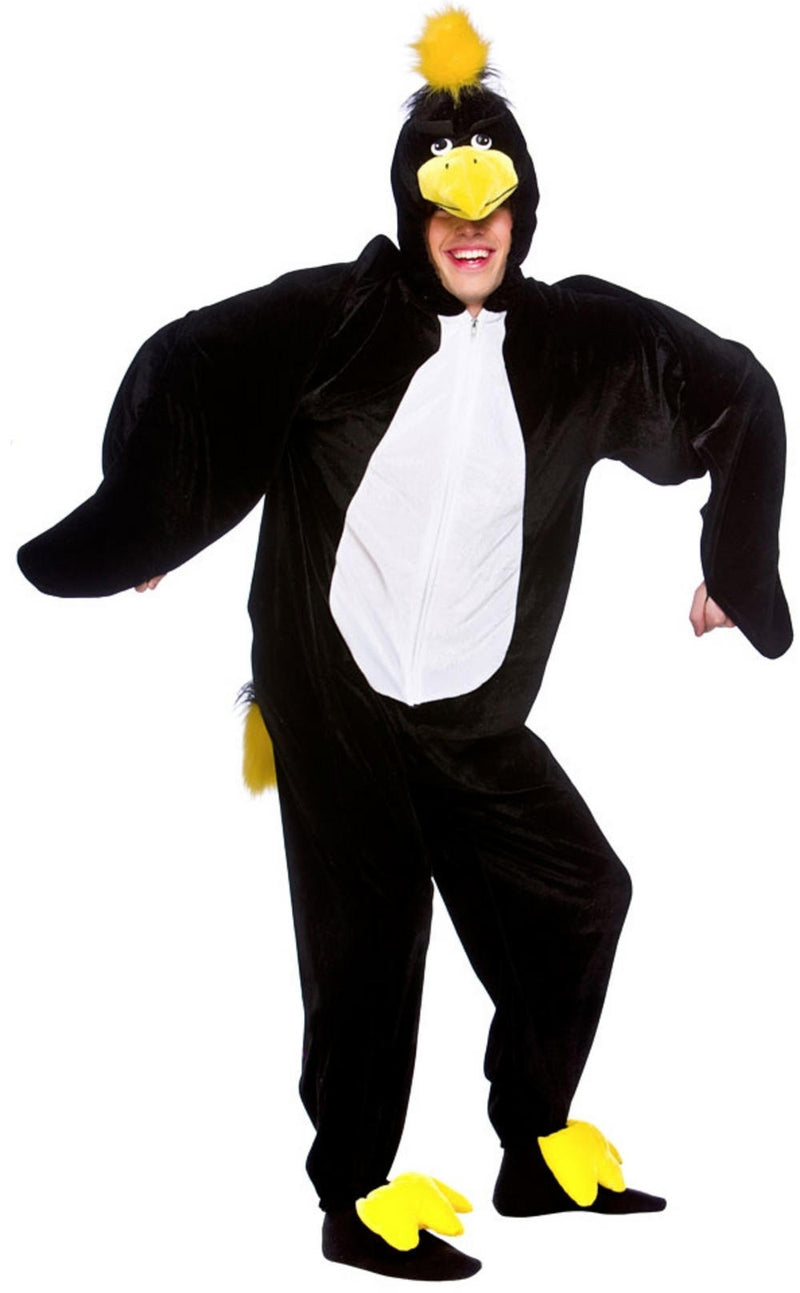 This crow costume comprises of an all in one plush black jumpsuit decorated with contrasting white stomach detailing, a pair of padded yellow foot covers and an attached faux fur tail.