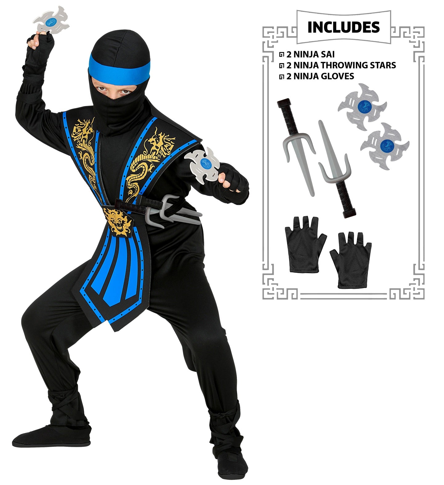 Boys Blue Kombat Ninja Costume With Weapons