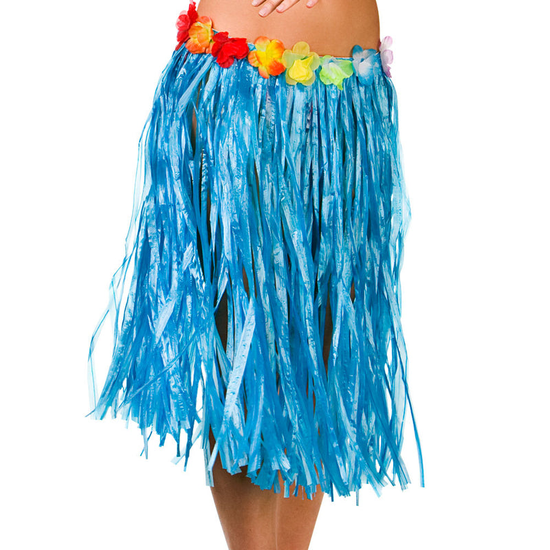 Blue Hawaiian Hula grass skirt with flower waist.