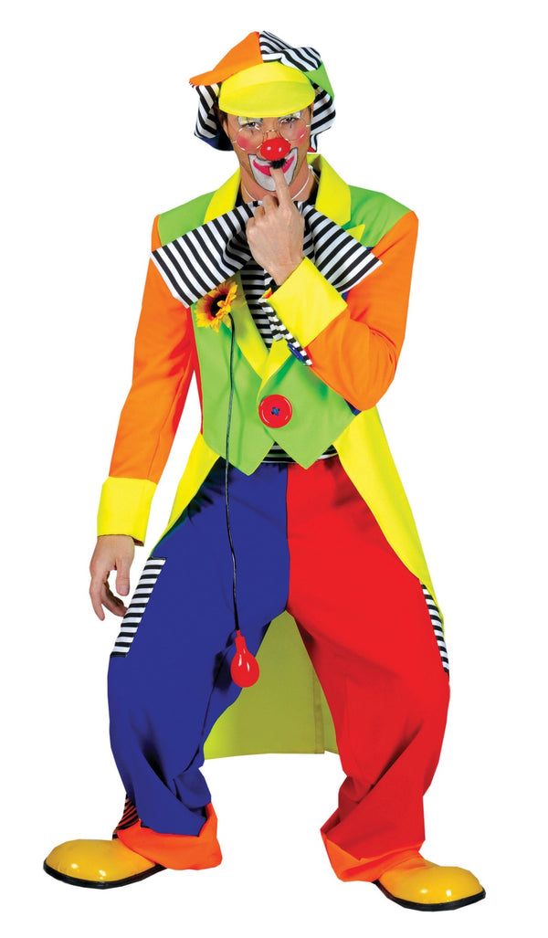 Make them smile now and laugh with joy in this Bonzo the Clown Costume. This funny clown costume is a 4 piece and includes Tailcoat jacket with large button detail,  Baggy style trousers, Matching Hat and Bow-tie.