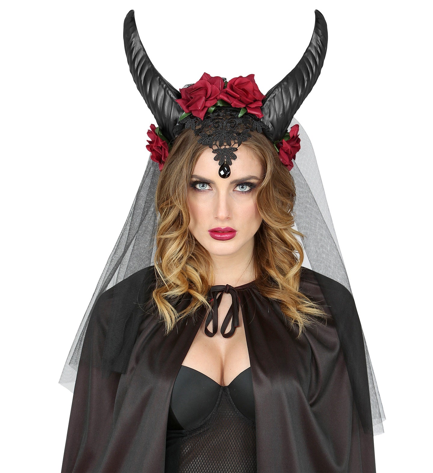 Bridal Veil With Horns Roses Lace Black Gem headpiece