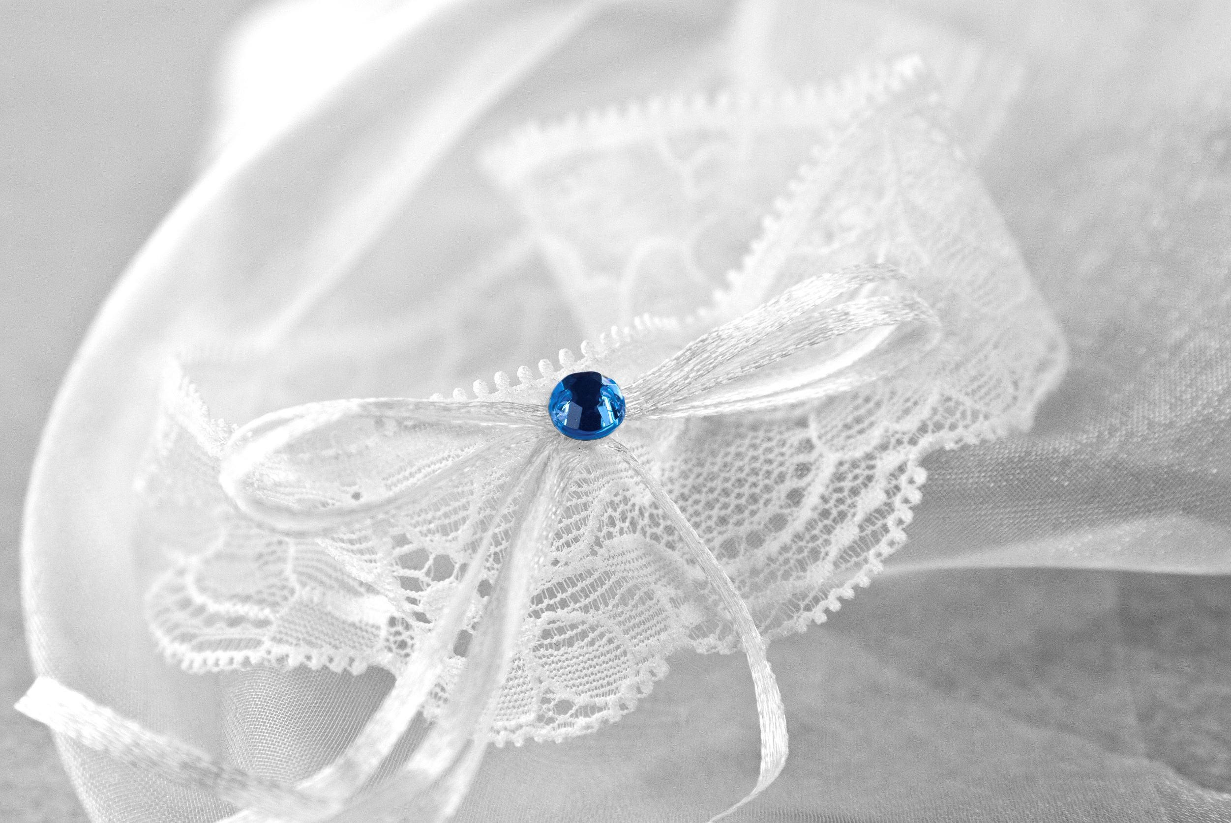 Brides Lace Garter White with blue gem for wedding