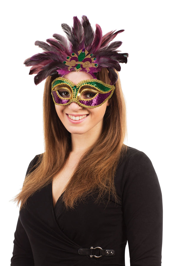 Carnival Mask Purple Green Gold With Feathers