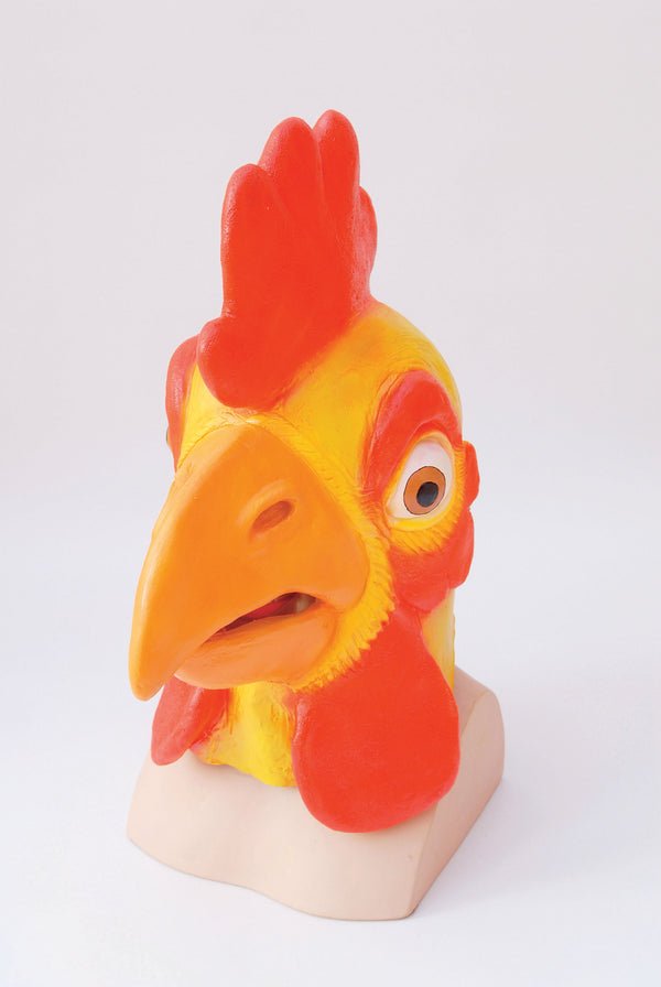 The chicken overhead mask is yellow with red detail around the eye, neck and head! The beak is large and tan
