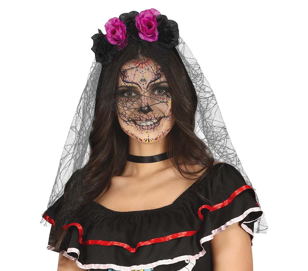 Day of the Dead Black and Lilac Flowers Tiara with Veil