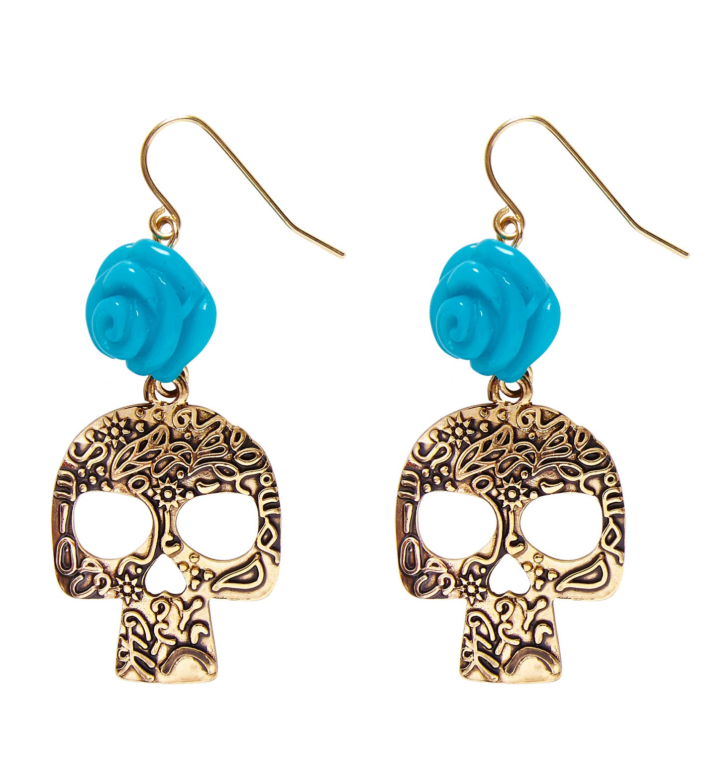 Day of the Dead Blue Rose Gold Earrings