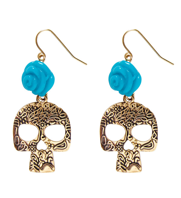 Day of the Dead Blue Rose Gold Earrings