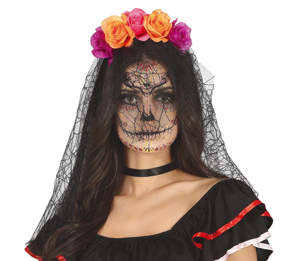 Day of the Dead Orange and Lilac Flowers Tiara with Veil