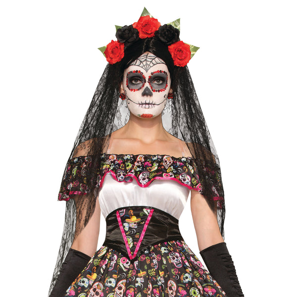 Day of the Dead Red Flower Veil Tiara
