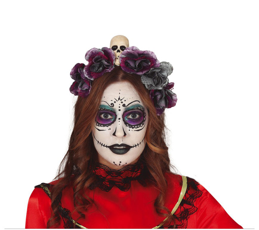 Day of the Dead Red and Gray Flowers Tiara