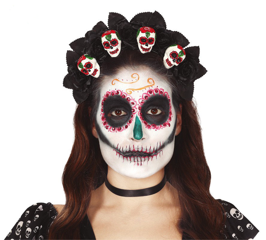 Day of the dead skull headband tiara with black roses