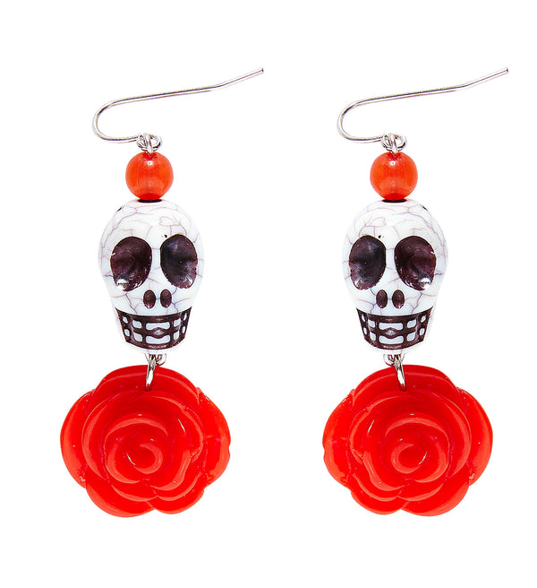 Day of the Dead White Skull Red Rose Earrings
