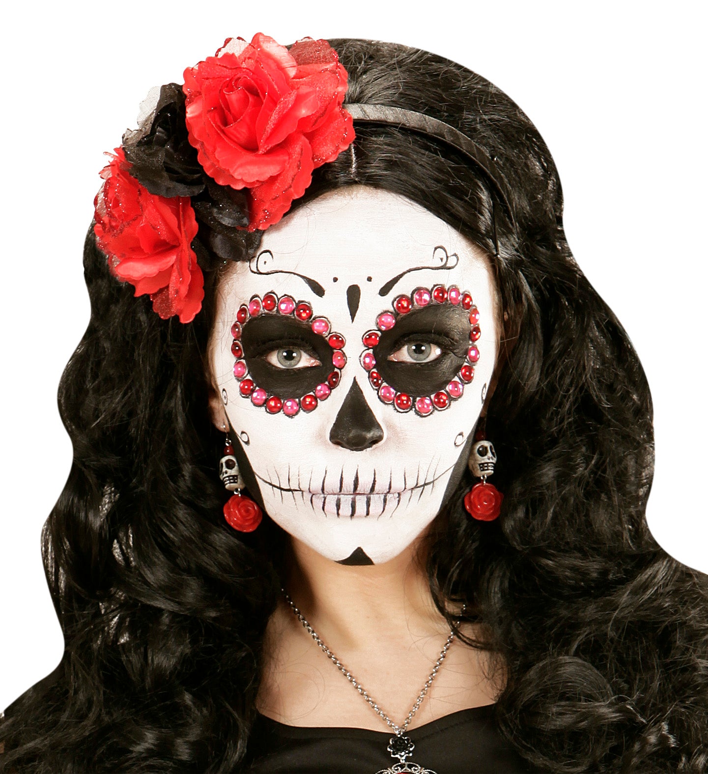 Day of the Dead White Skull Red Rose Earrings costume accessory
