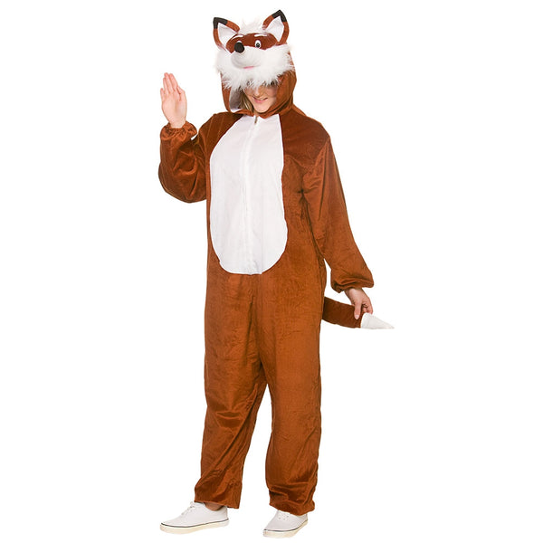 This deluxe fox costume is a rich brown colour and is made of the softest plush material - very cuddly! The zip-front jumpsuit has a white chest, a fox's tail at the back, and is open at the wrists and ankles, allowing a degree of flexibility with the fit.