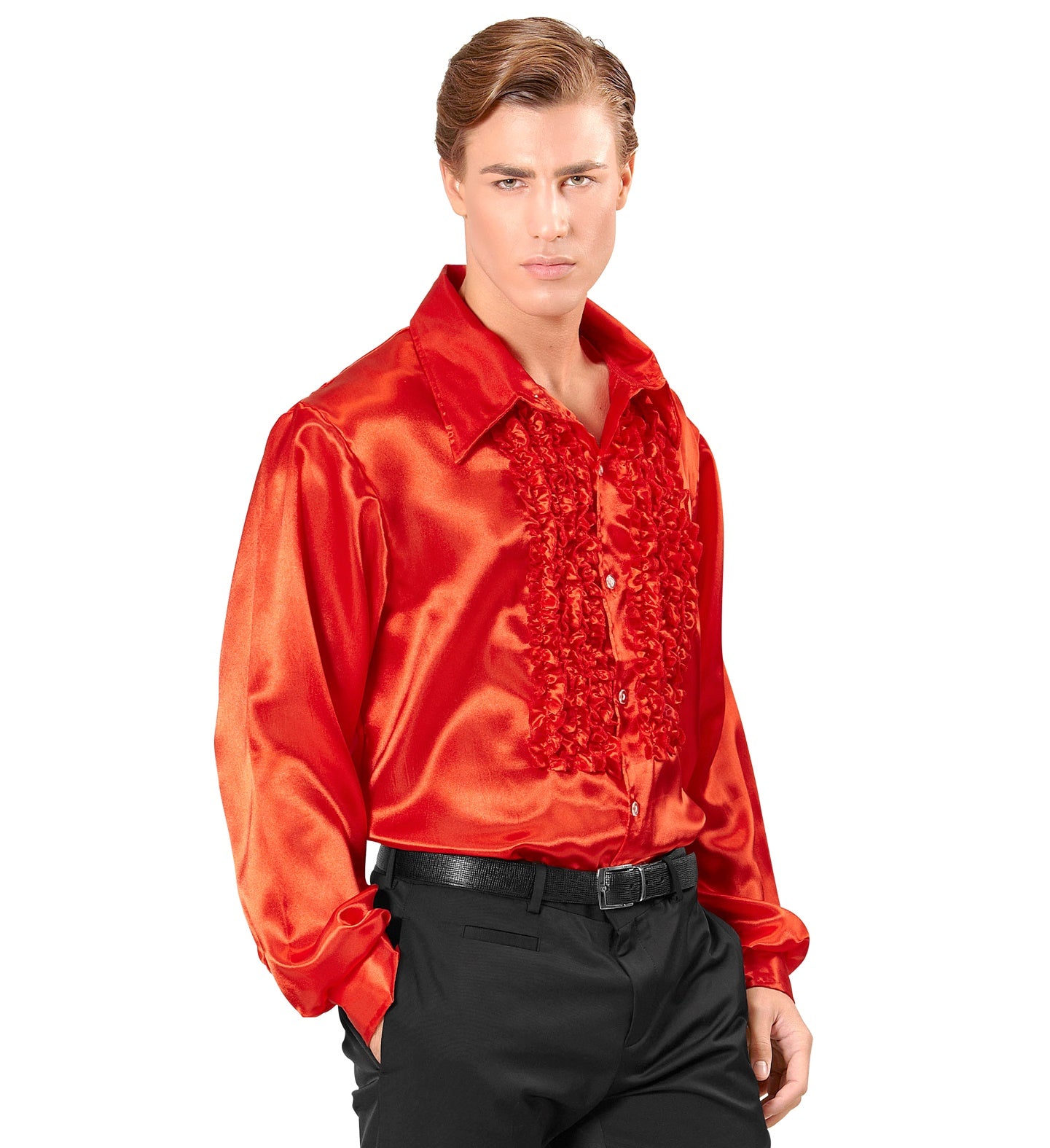 1970's Disco Ruffle Satin Shirt Red