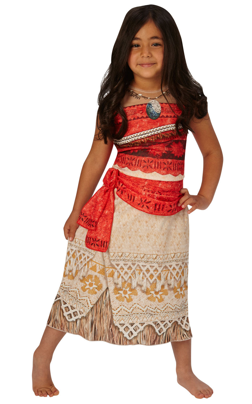 This child's Classic Moana Costume features a front-printed dress with printed necklace and attached sash.