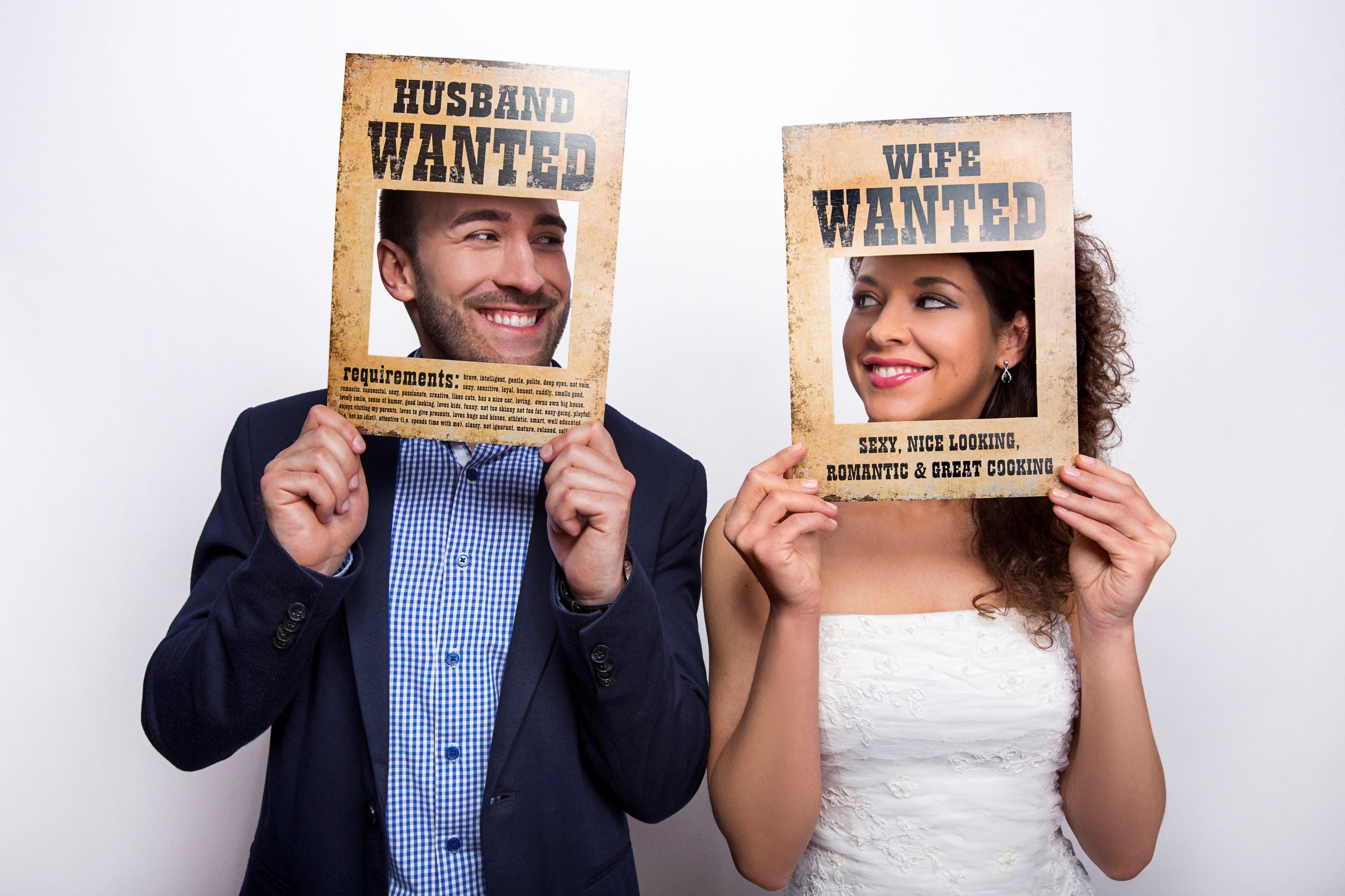 Funny photo booth boards Husband Wanted and Wife Wanted
