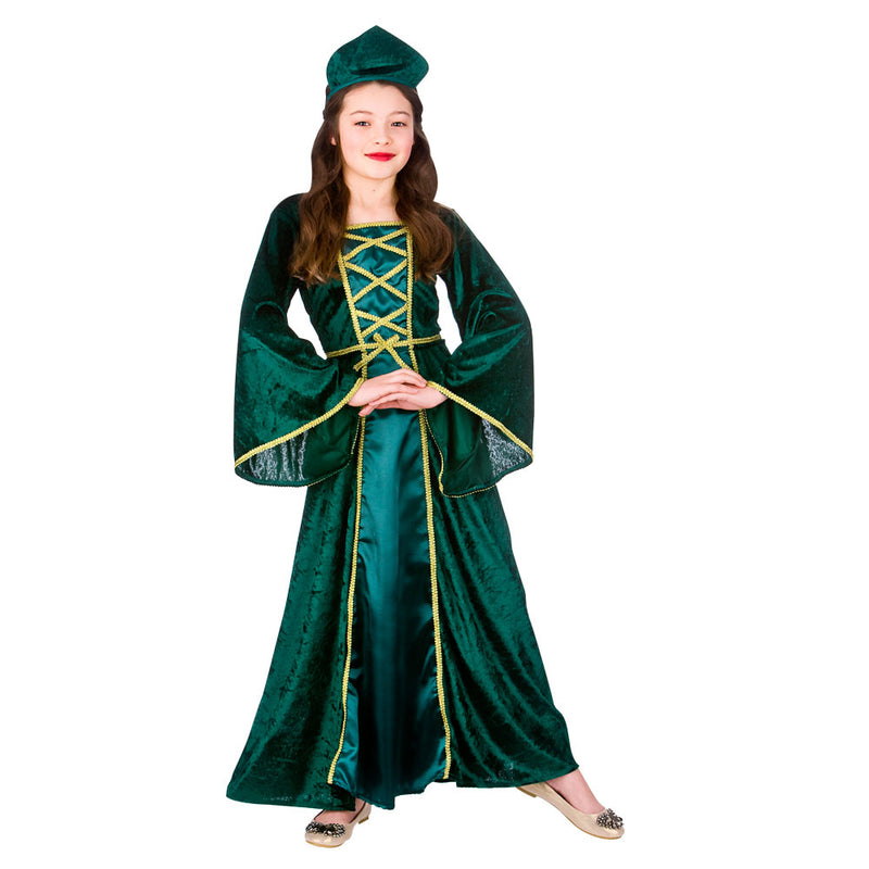 Girl's Medieval Tudor Princess green fancy dress costume.