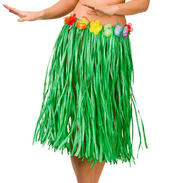 Green Hawaiian grass skirt with flower waist.