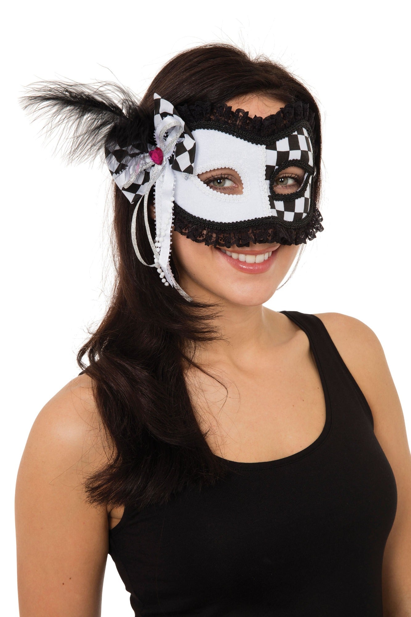 Harlequin Eclipse eye mask  chequered with black lace trim detail.