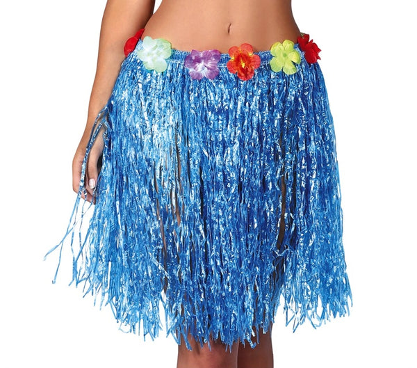 Hawaiian Grass Skirt Flower Waist Blue