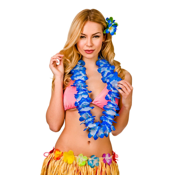 Hawaiian Deluxe blue Lei with beads and 9.5cm Flower 