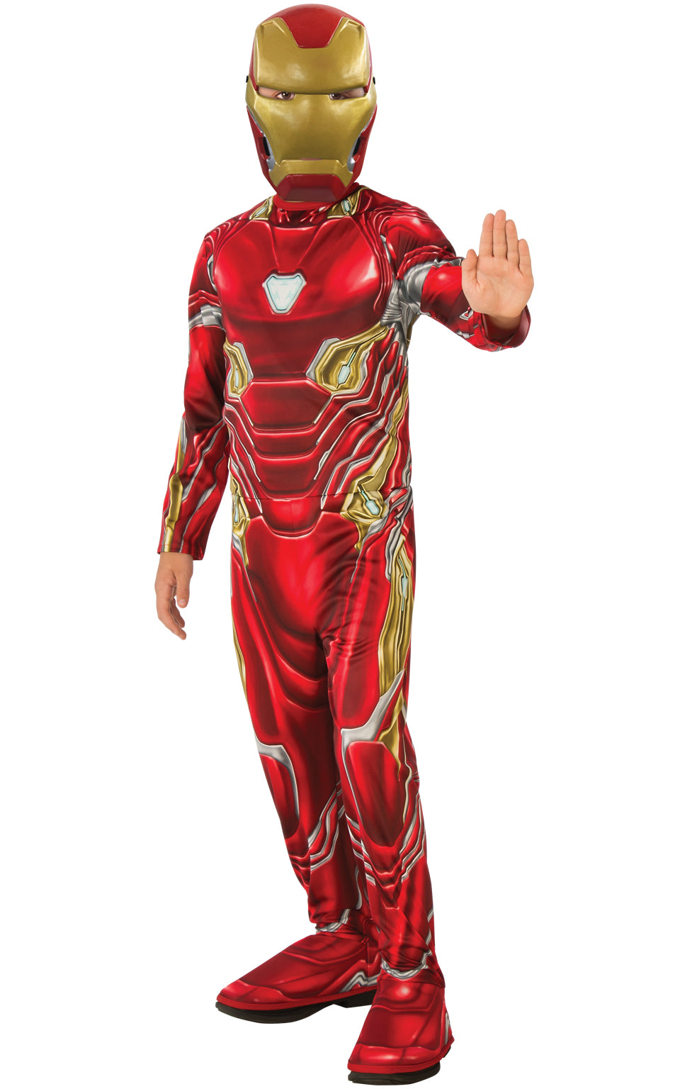 This child's Ironman outfit features a jumpsuit with attached shoe covers and mask.