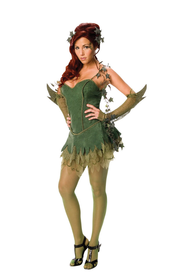 Our Poison Ivy costume includes a fitted green, velvet-look dress, pretty green elbow length glovelets. Also included is green leaf headpiece and a green boa