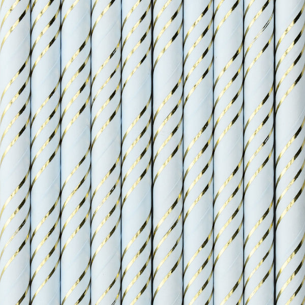 Light Blue with Gold Metallic Strip Paper Straws