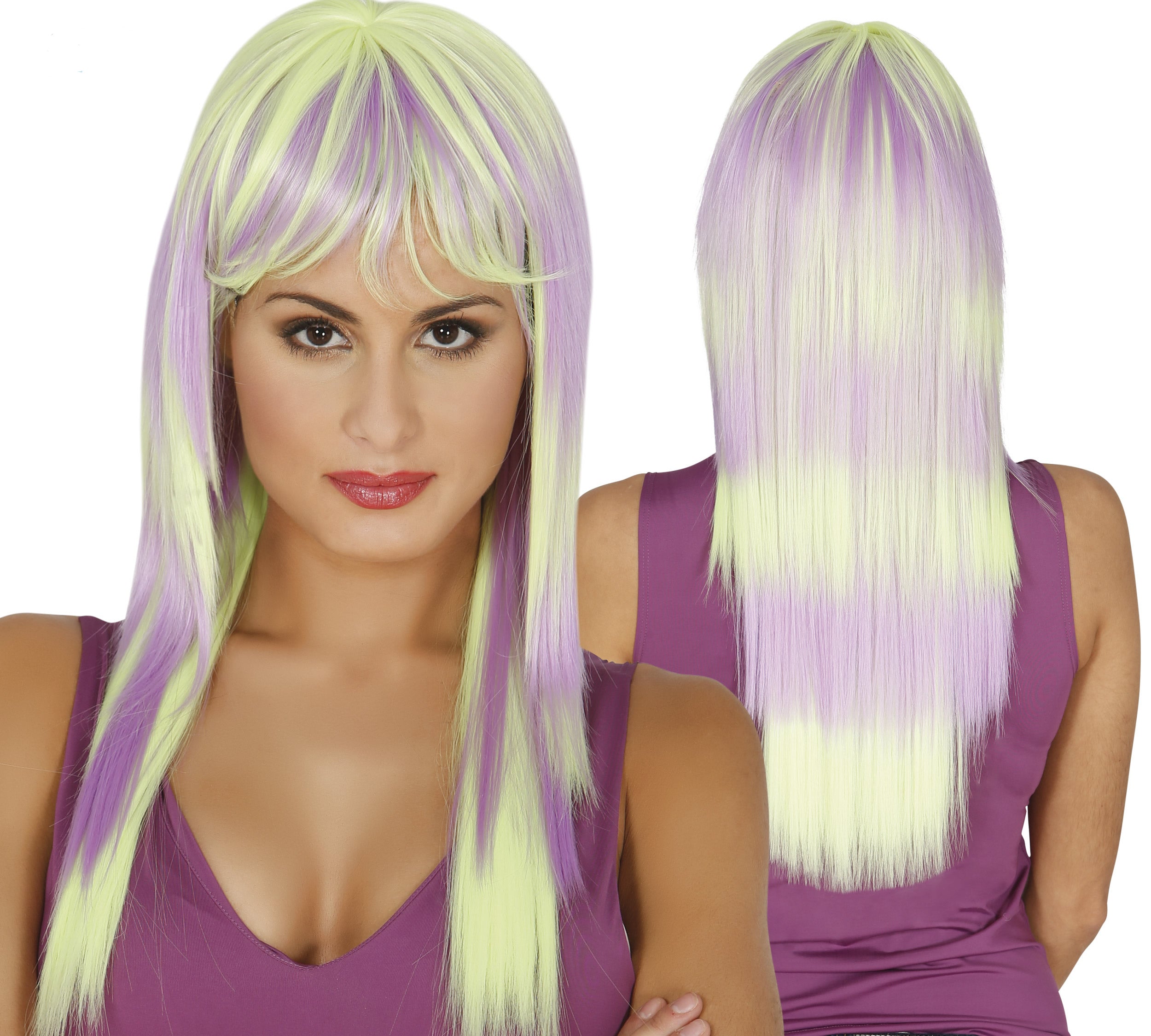 Stunning high quality green and purple two tone ladies neon wig