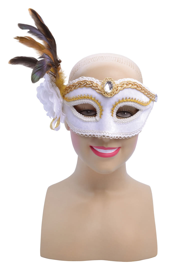 Lucia White Masquerade Eye Mask With Side Feather & Flower