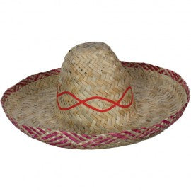 Mexican Sombrero hat with red trim.