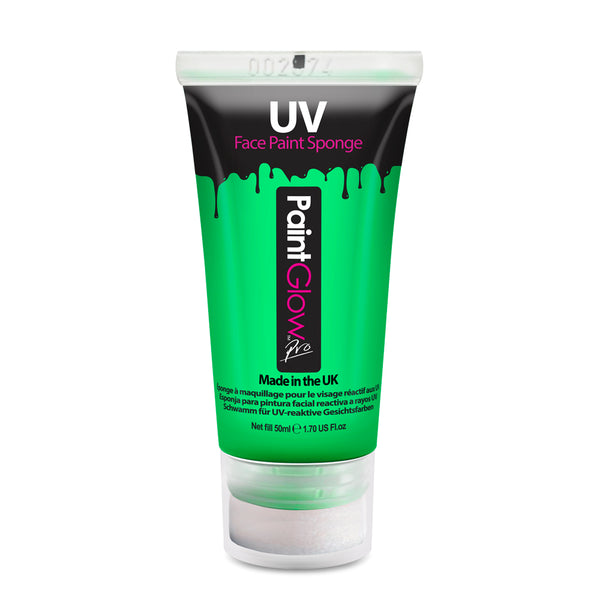 Paintglow Pro UV Face and Body Paint 50ml Green with sponge applicator.