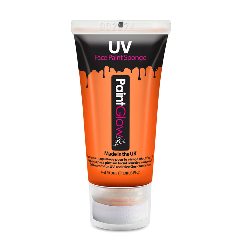Paintglow Pro UV Face and Body Paint 50ml Orange with sponge applicator.