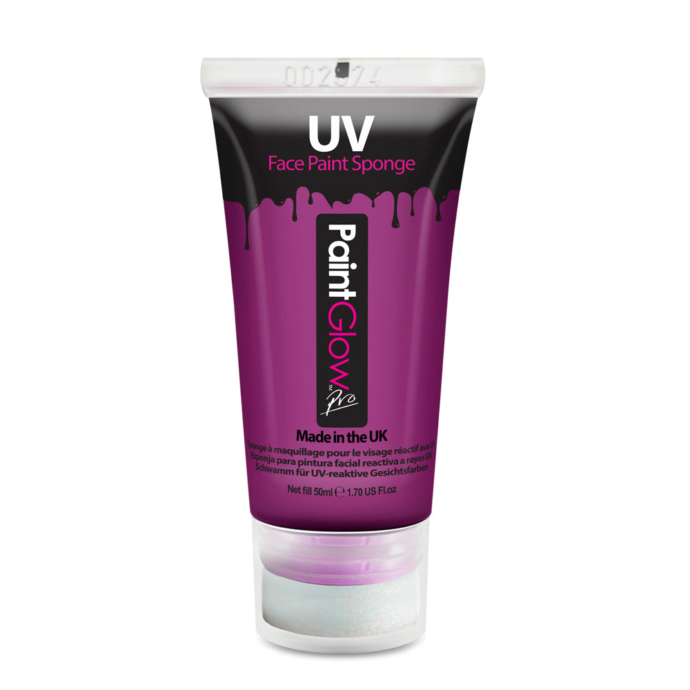 Paintglow Pro UV Face and Body Paint 50ml Purple with sponge applicator.