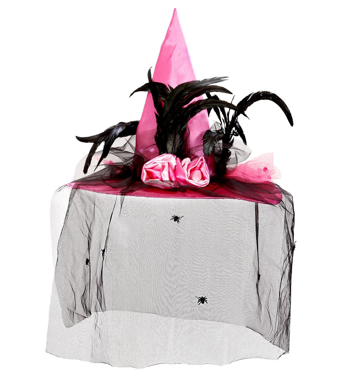 Pink Witch Hat With Feathers and Veil