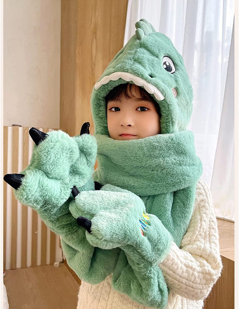 Plush Green Dinosaur Hat Scarf and Mittens Set for children
