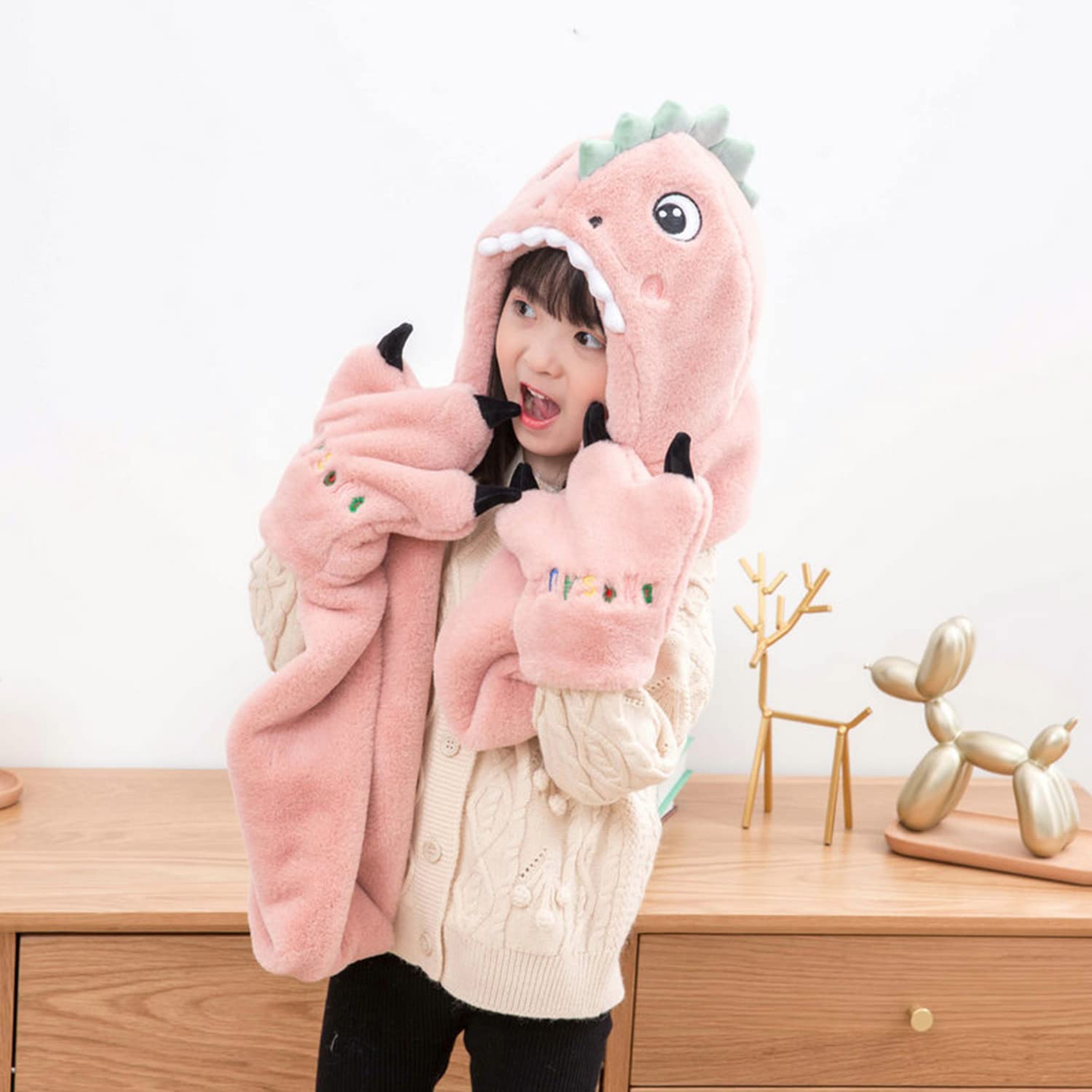 Plush Pink Dinosaur Hat Scarf and Mittens Set
