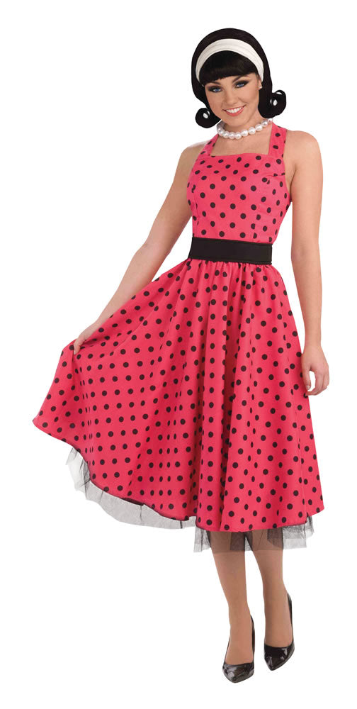 Sock hop the night away in this women's Pretty in Polka dots costume. This 50s style costume is a red halter neck dress with black polka dots all over , white netted crinoline slip and a black belt.
