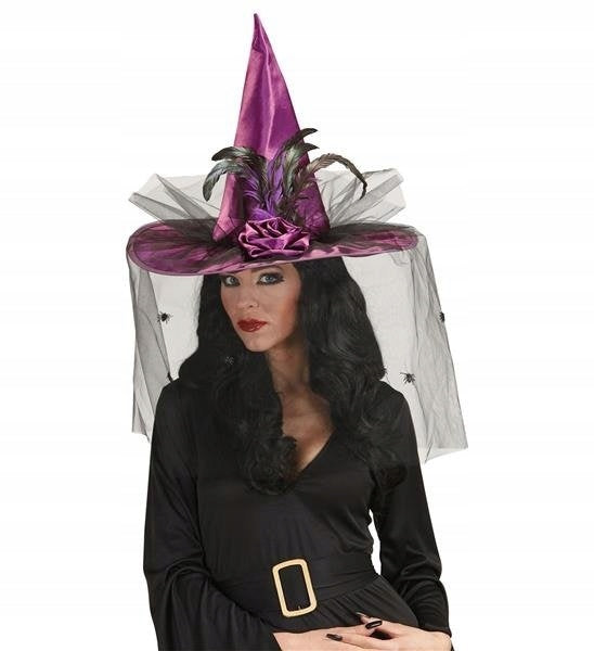 Pink Witch Hat With Feathers and Veil Halloween