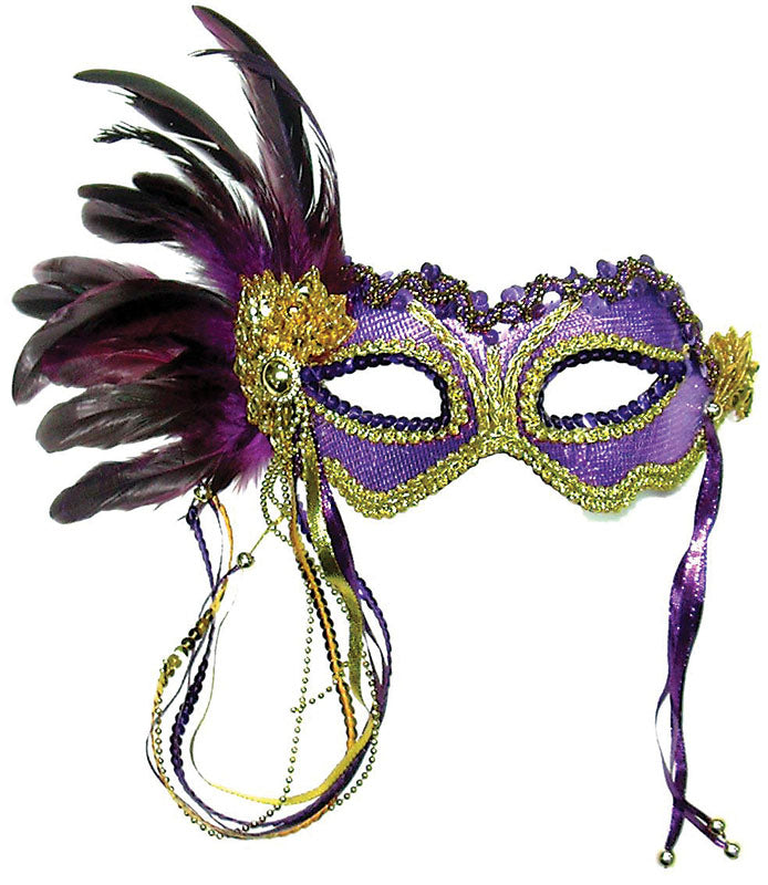 Purple and Gold Metallic Satin Mask with Side Feathers and Beaded Ribbons Masquerade Mask
