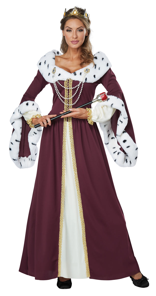 Take your seat upon the throne as her Majesty in our Royal Storybook Queen Costume.  Our Costume Storybook Queen costume includes this long burgundy dress with luscious faux ermine for around the collar and sleeves.