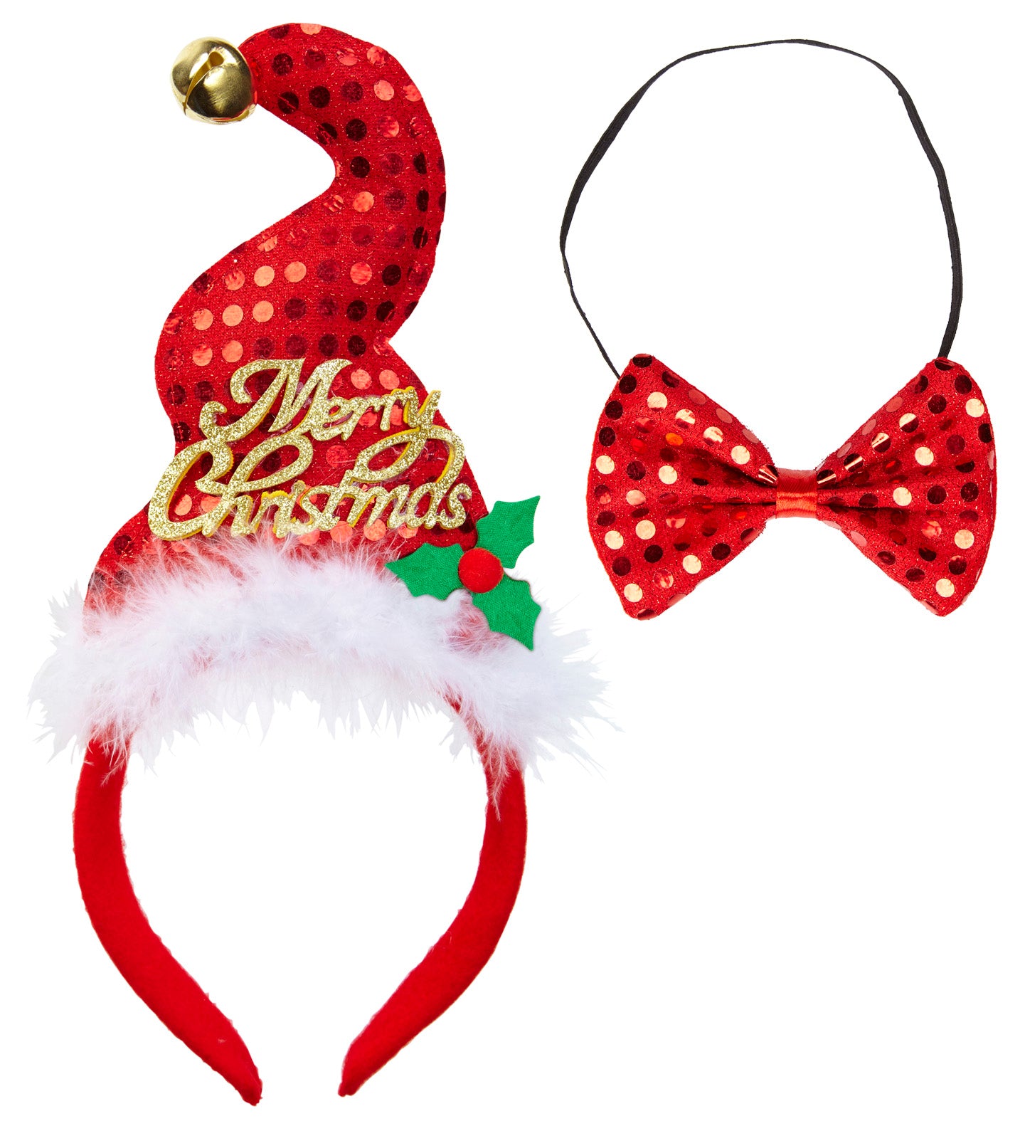 Sequin Mini Santa Hat with Jingle Bell and Bow Tie