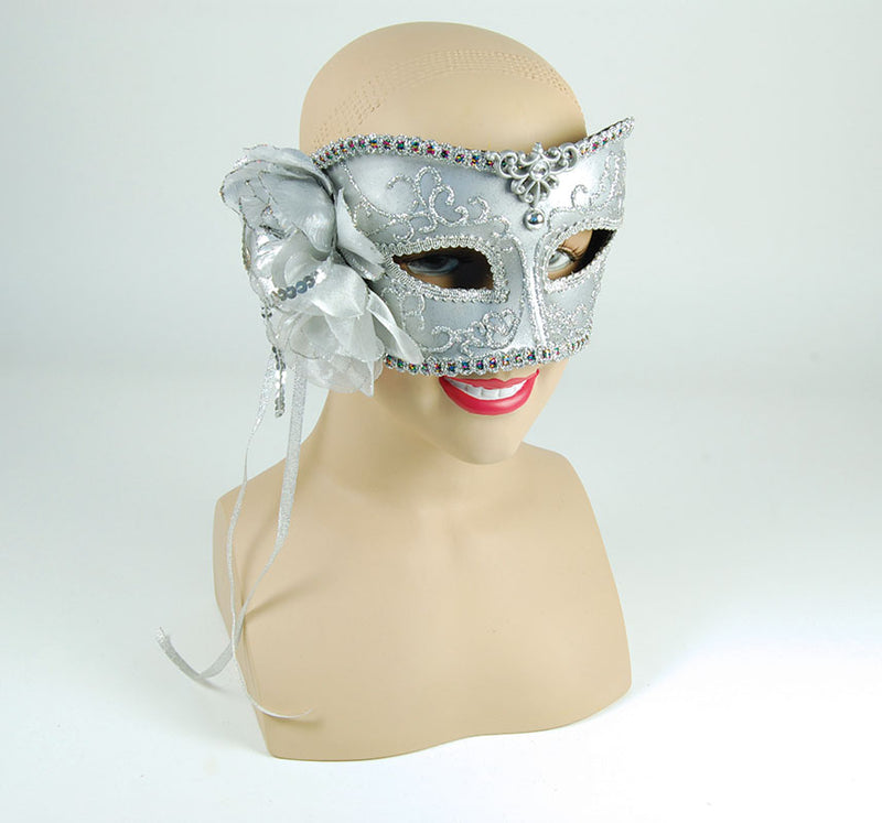 Silver Masquerade Mask With Fabric Side Rose