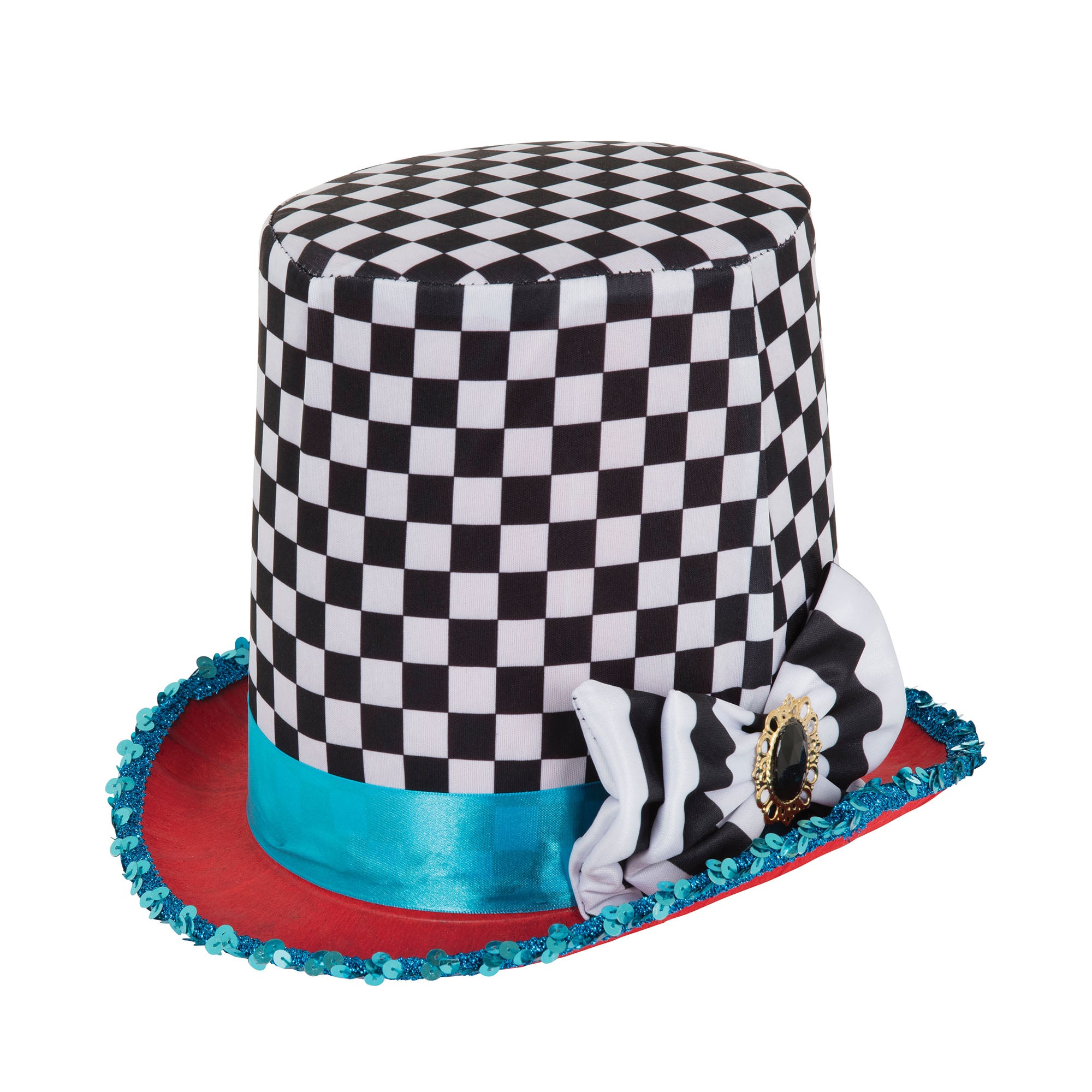 Stovepipe Mad Hatter top hat with black and white checkers, turquoise band, and red sequin-trimmed brim.