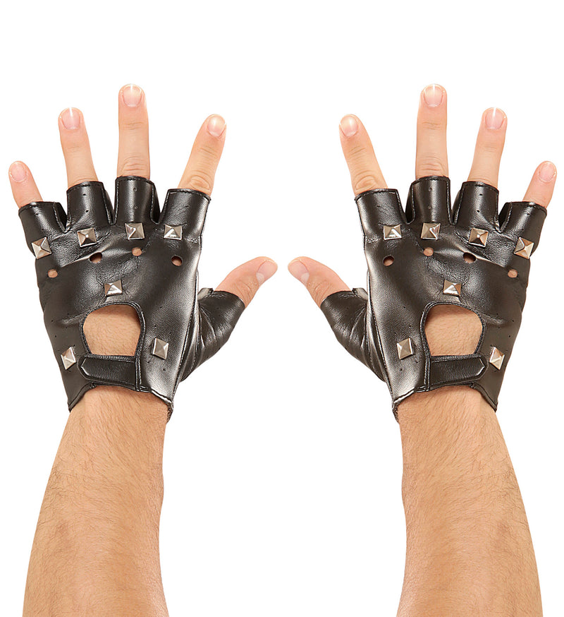 Fingerless Faux Leather Gloves - Red Biker Punk Gloves with Belt