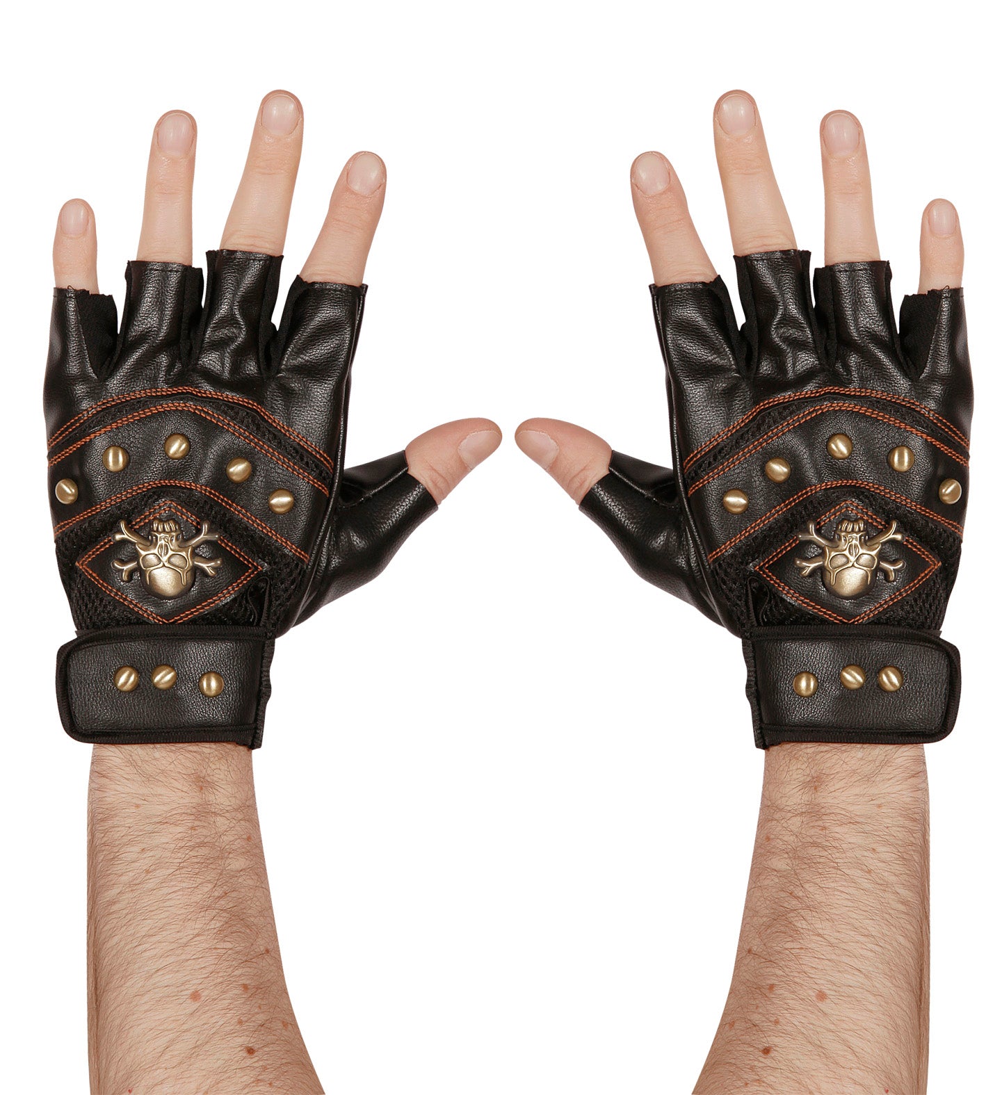 Studded Fingerless Skull and Crossbones Gloves